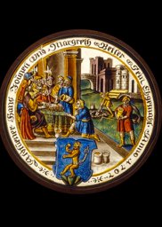 Runde Bildscheibe Hans Joneli und Margaretha (Margreth) Bettler (Betler) mit dem Gleichnis von den anvertrauten Talenten