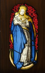 Glasmalereifragment mit Mondsichelmadonna, Maria mit Kind