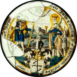 Figurenscheibe: Hll. Christophorus und Barbara 1694