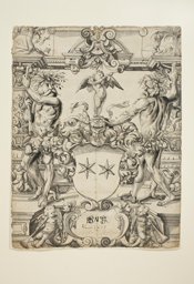 Scheibenriss mit dem Wappen Huber in Begleitung zweier Wildmänner