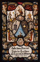 Wappenscheibe Anthelmus (Anthelm) Entlin, Prior zu Ittingen, mit den Heiligen Bruno und Laurentius