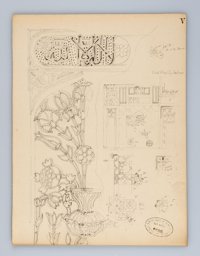 Drawing of a stucco and glass window with flowers in a vase, architectural elements