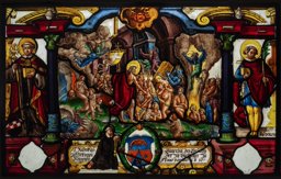 Vitrail aux armes de Rudolf Guggenbühl avec le Christ aux Limbes, saint Bernard et saint Rodolphe