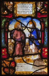 Vitrail aux armes de Peter Emberger avec le Christ et saint Pierre