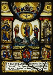 Vitrail aux armes de Jean de la Combe (Johann Inderkummen) avec Vierge à l'Enfant et saints