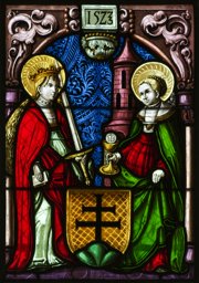 Vitrail aux armes non identifiées (cloître de Königsfelden ?) avec sainte Catherine et sainte Barbe