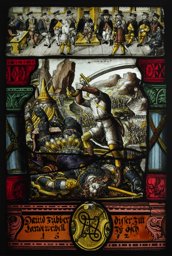 Vitrail aux armes de David Zuber avec David terrassant Goliath