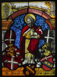 Vitrail aux armes d’Oswald Elsener, de Joseph von Cambiano et de l’Ordre de Saint-Jean avec saint Jean-Baptiste